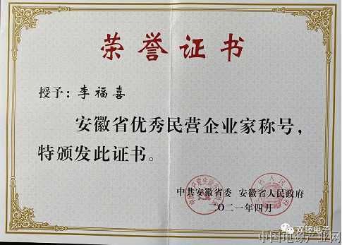 李福喜董事长荣获安徽省优秀民营企业家称号